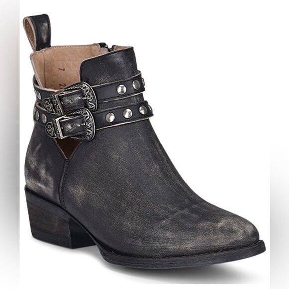 Circle G Black Corral Leather Distressed Studded Harness Belt Round Toe Booties - Picture 2 of 11